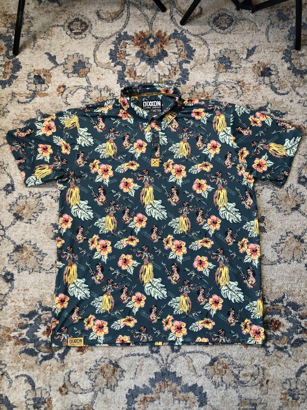 Dixxon Polo Shirt Mens 3XL Green D-Sport Performance Hawaiian Hula Floral Aloha